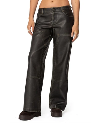 Edikted Womens Vintage Washed Faux Leather Pants