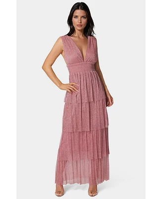 Bebe Women's Tiered Plunge Neck Lurex Midi Dress