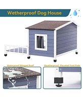 Large Wooden Dog House Indoor Outdoor with Terrace and Open Waterproof Asphalt Roof for Small and Medium Dogs