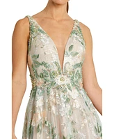 Women's Floral Embroidered Illusion V-Neck Gown