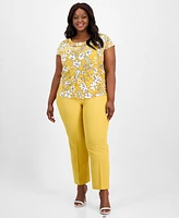 Kasper Plus Printed Cowlneck Cap-Sleeve Top