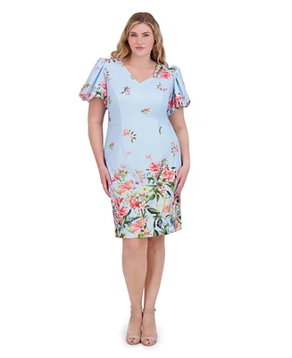 Eliza J Plus Printed V-Neck Puff-Sleeve Dress