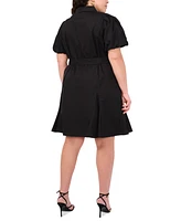 Msk Plus Cotton Puff-Sleeve Belted Shirtdress