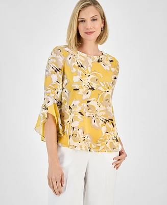 Kasper Women's Printed Ruffled Bell-Sleeve Top, Regular & Petite