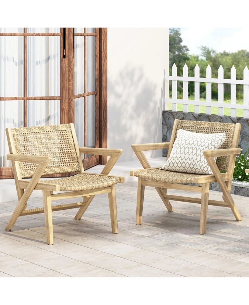 Acadia Wood and Woven Wicker Set of 2 Club Chairs for Outdoor Relaxation