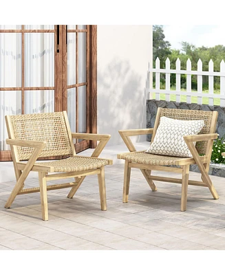 Acadia Wood and Woven Wicker Set of 2 Club Chairs for Outdoor Relaxation
