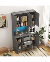 74" Freestanding Kitchen Pantry Cabinet with Charging Station, Led Lights