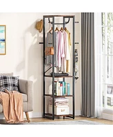 Tribesigns Coat Rack Freestanding with Shelves, Industrial Hall Tree with 4 Shelves and 8 Hooks, Standing Small Clothes Rack Closet Organizer for Entr