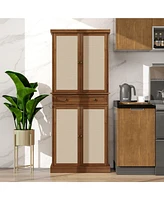 Tall Storage Cabinet with Drawers 4 Rattan Door Storage Cabinet with Adjustable Shelf Freestanding Cupboard for Kitchen Living Room, Brown
