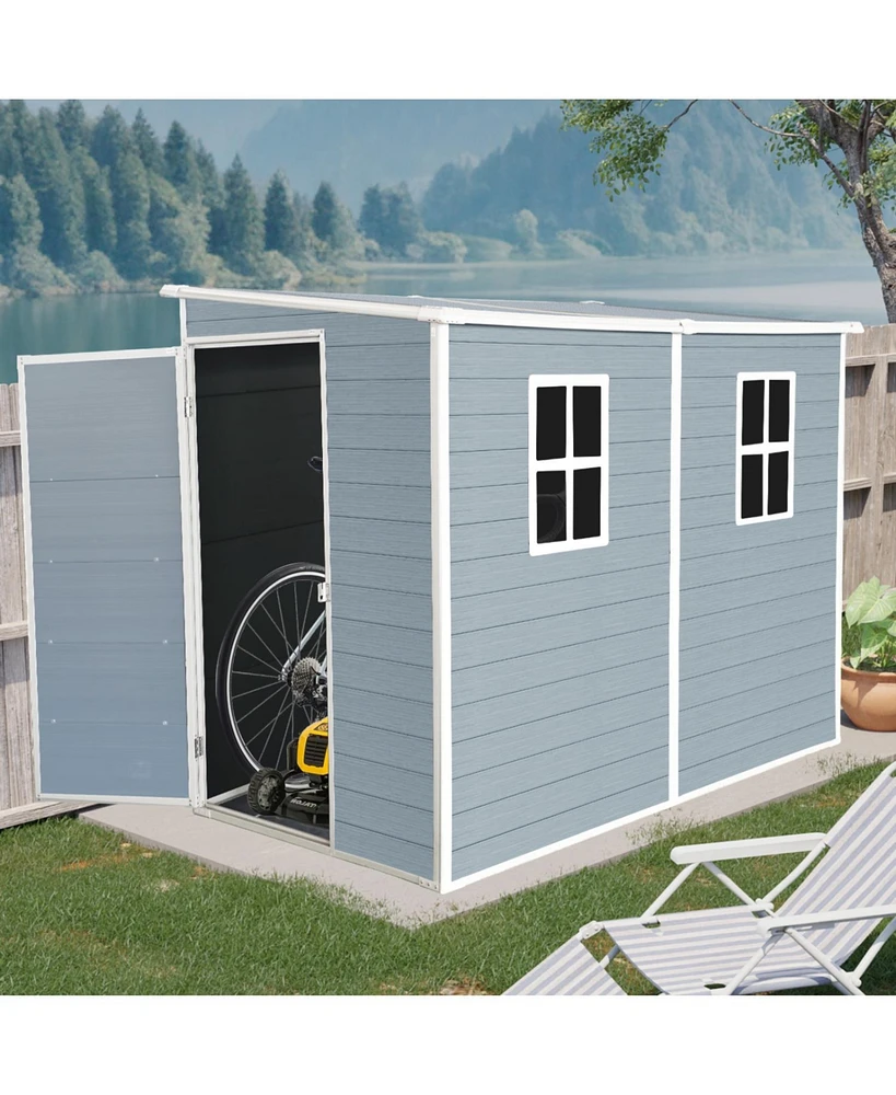 4x8ft Outdoor Storage Shed with Floor Resin shed with Two-Window, Waterproof, Lockable Doors for Patio,Yard,Lawn ---Gray