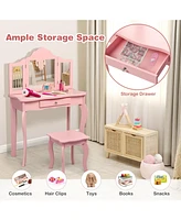 Kids Makeup Dressing Mirror Vanity Table Stool Set