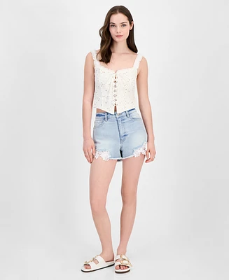 Tinseltown Juniors' Lace-Detailed Denim Mom Shorts