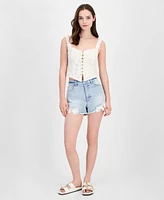Tinseltown Juniors' Lace-Detailed Denim Mom Shorts