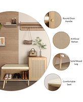 2-in-1 Shoe Bench with Cushion, Storage Shelves, and Natural Rattan