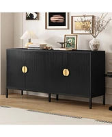 Vertical-Striped Four-Door Sideboard with Metal Legs and Semi-Circular Handles