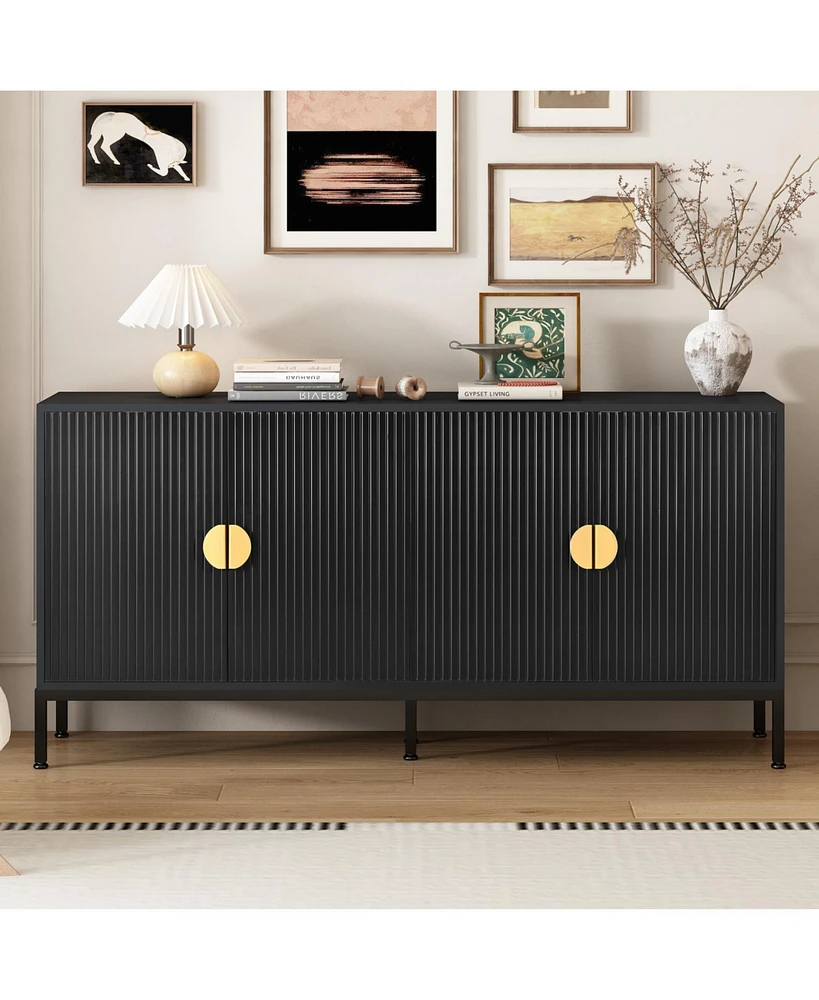 Vertical-Striped Four-Door Sideboard with Metal Legs and Semi-Circular Handles