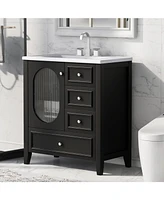 30" Bathroom Vanity with Sink, Bathroom Vanity Cabinet with Three Drawers and Door, Solid Wood and Mdf, Black