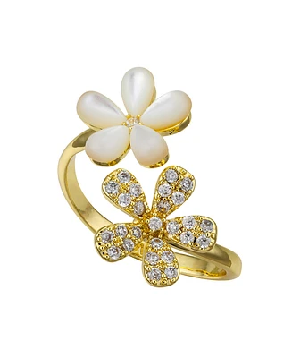 Unwritten Cubic Zirconia Mother of Pearl Flower Bypass Ring