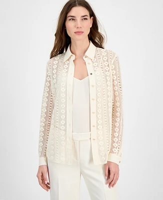 Anne Klein Women's Cotton Long-Sleeve Crochet Shirt