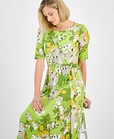 Kasper Women's Floral-Print Belted Fit & Flare Dress, Regular Petite