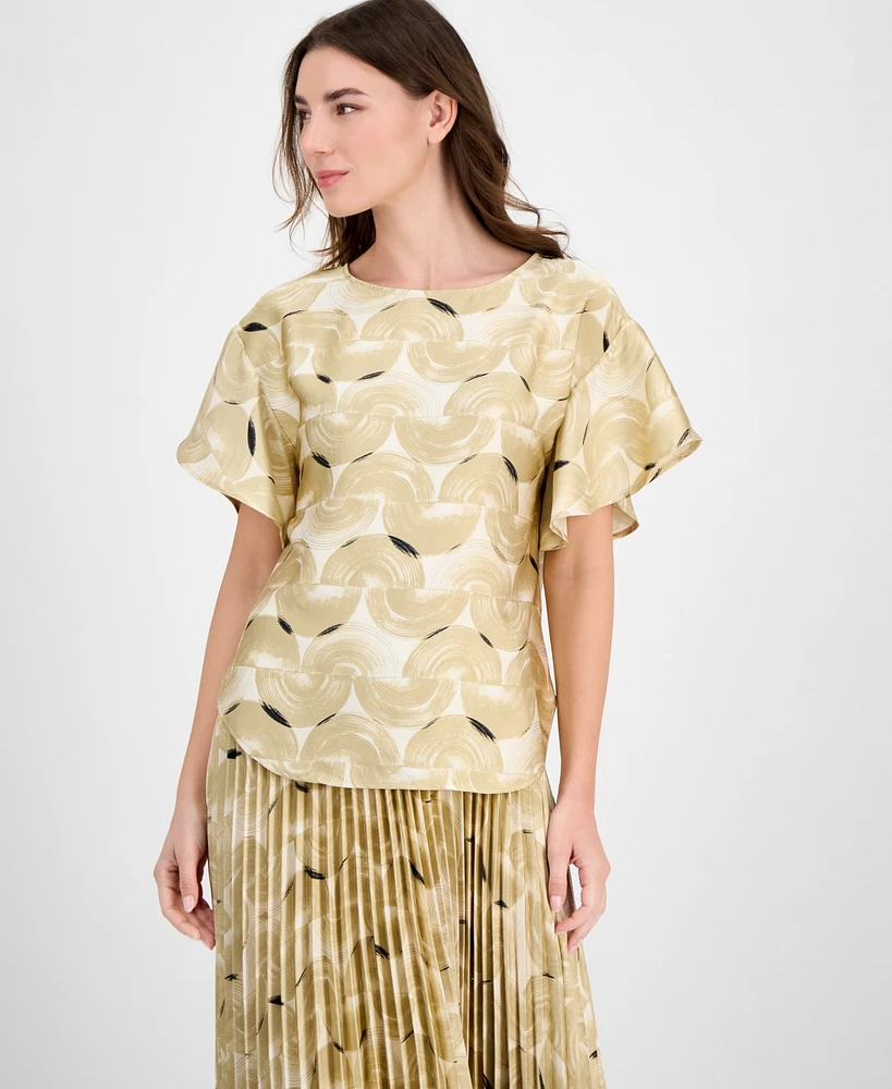 Anne Klein Women's Printed Boat-Neck Flutter-Sleeve Top