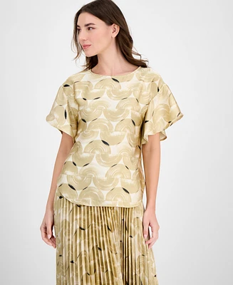 Anne Klein Women's Printed Boat-Neck Flutter-Sleeve Top