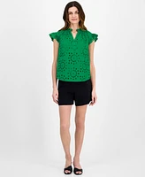 Anne Klein Women's Cotton Flutter-Sleeve Eyelet Blouse