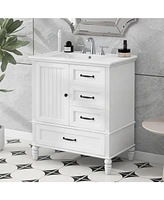30" White Bathroom Vanity with Sink, Cabinet with Storage, Adjustable Legs