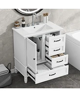 30" White Bathroom Vanity with Sink, Cabinet with Storage, Adjustable Legs