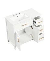 36" White Bathroom Vanity with Solid Wood and Mdf Cabinet, Sink Top, 2 Doors, 3 Drawers