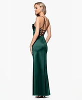 Blondie Nites Juniors' Satin Corset-Waist Draped-Neck Gown