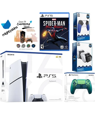 Sony Playstation 5 Slim Disc Bundle with Spider-Man: Miles Morales, Extra Nova Pink Controller, Trigger Stop Kit, Dual Charge Dock and MightySkins Dec