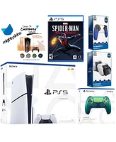 Sony Playstation 5 Slim Disc Bundle with Spider-Man: Miles Morales, Extra Nova Pink Controller, Trigger Stop Kit, Dual Charge Dock and MightySkins Dec