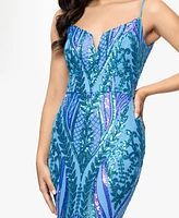 Blondie Nites Juniors' Sequin Notched-Neck Mermaid Gown