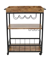 35-Inch 3-Tier Industrial Rolling Bar Cart for the Home - Wine and Glass Rack