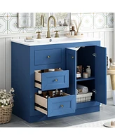 36" Blue Bathroom Vanity with Ceramic Sink and Storage