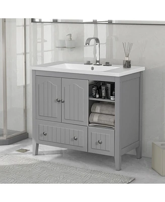 36" Grey Vanity Cabinet with Ceramic Sink and Storage