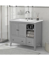 36" Grey Vanity Cabinet with Ceramic Sink and Storage