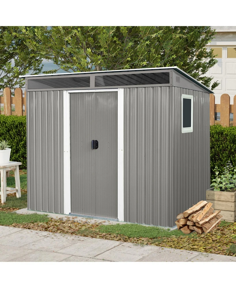 8 ft x 6 ft Outdoor Metal Storage Shed with Window,Transparent plate and lockable sliding door for Garden, Lawn (Gray)