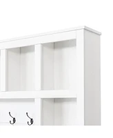 Farmhouse Hall Tree with 6 Hooks, Adjustable Shelves, Shoe Cabinet, Mudroom Storage, 76.7