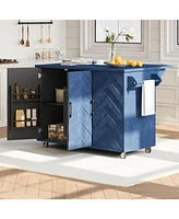 Navy Blue 51" Wave Kitchen Island with Drop Leaf and Storage