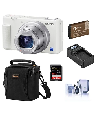 Sony Zv-1 Compact 4K Hd Digital Camera, White Bundle with 64GB Sd Card, Shoulder Bag, Extra Battery and Accessories