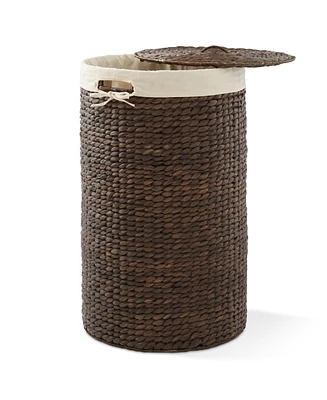 Casafield Round Laundry Hamper with Lid and Removable Liner Bag - Espresso, Woven Water Hyacinth Basket for Clothes
