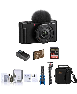 Sony Zv-1F Vlogging Camera, Black Bundle with 64GB Sd Card, Shoulder Bag, Shotgun Mic, Tripod, Extra Battery, Charger, Cleaning Kit