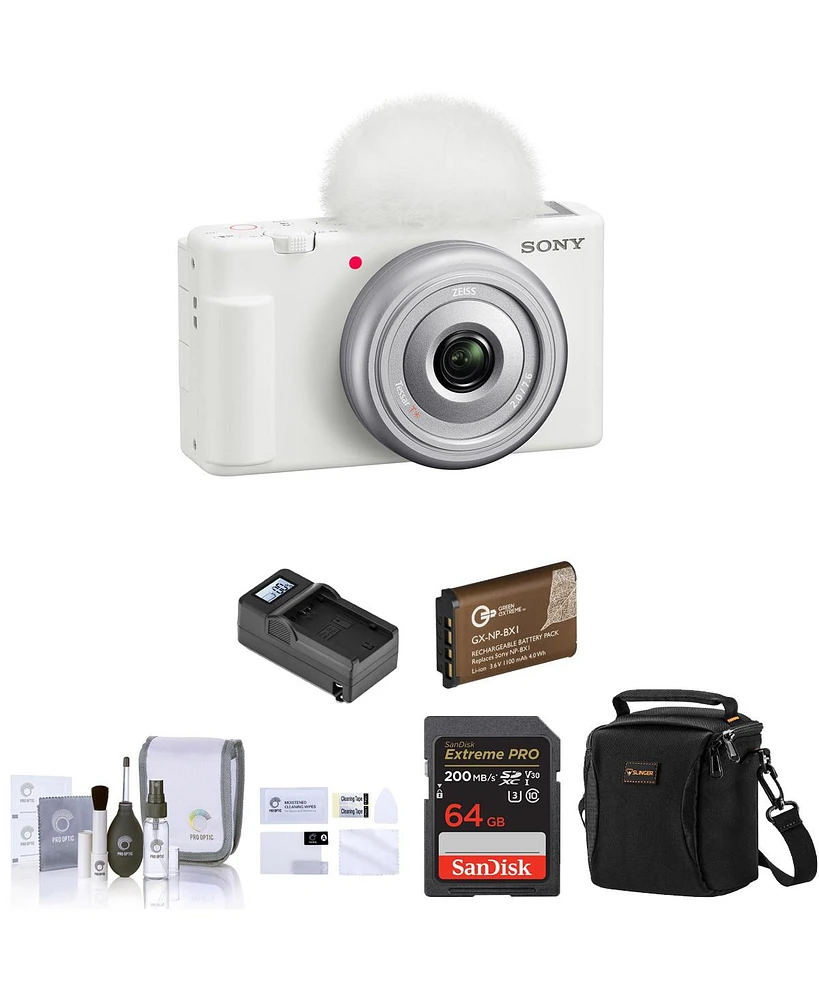 Sony Zv-1F Vlogging Camera, White Bundle with 64GB Sd Card, Shoulder Bag, Extra Battery, Charger, Screen Protector, Cleaning Kit