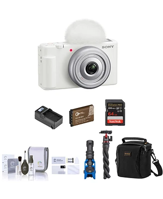 Sony Zv-1F Vlogging Camera, White Bundle with 64GB Sd Card, Shoulder Bag, Shotgun Mic, Tripod, Extra Battery, Charger, Cleaning Kit