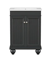 24" Black Modern Sleek Bathroom Vanity Elegant Ceramic Sink with Solid Wood Frame, Adjustable Shelf