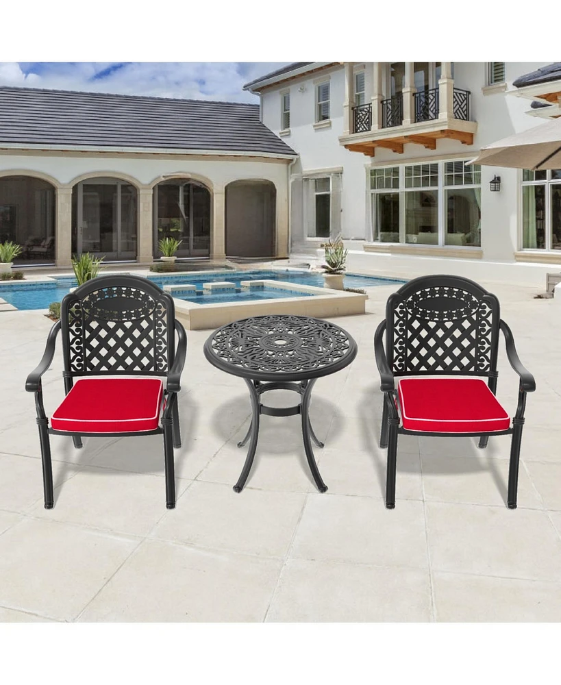 3-Piece Set Of Cast Aluminum Patio Furniture With Black Frame and Seat Cushions In Random Colors