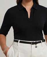 Lauren Ralph Plus Rib-Knit Elbow-Sleeve Polo Tee
