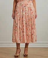 Lauren Ralph Plus Floral Crinkle Georgette Tiered Skirt